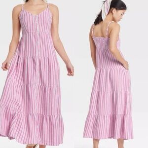 UNIVERSAL THREAD Striped Button-Front Tiered Maxi Dress Size Small Pockets Beach